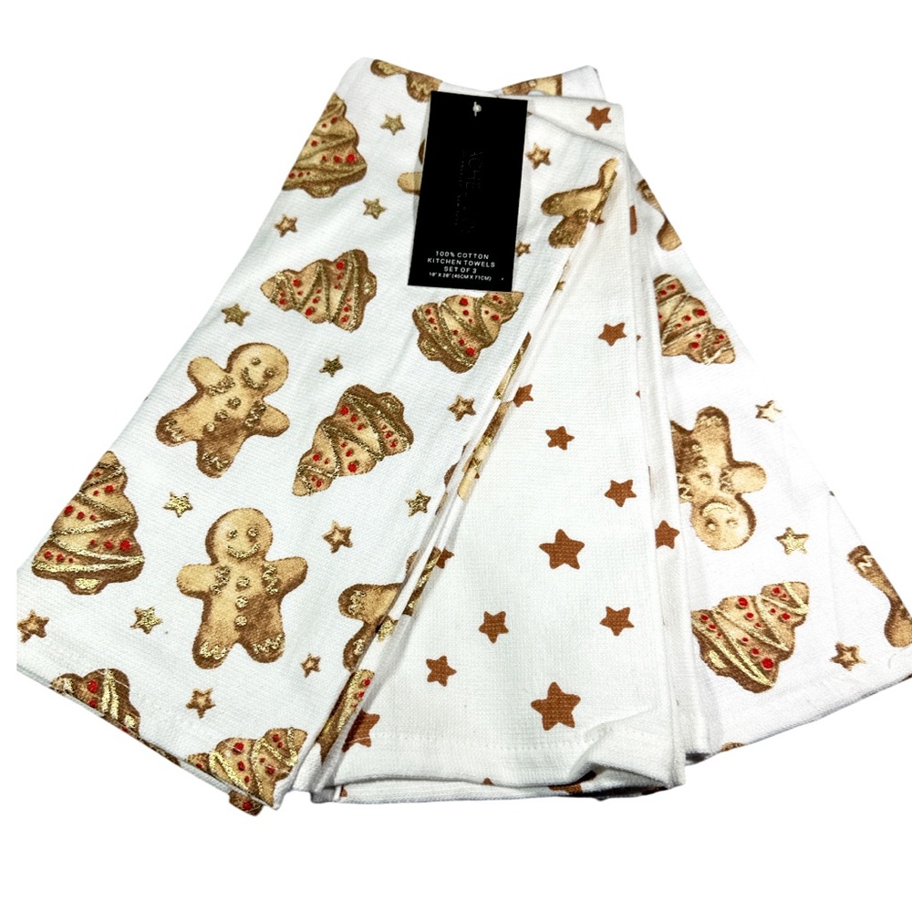 NEW Rachel Zoe GINGERBREAD MAN & CHRISTMAS TREE Kitchen Towel Set/3
